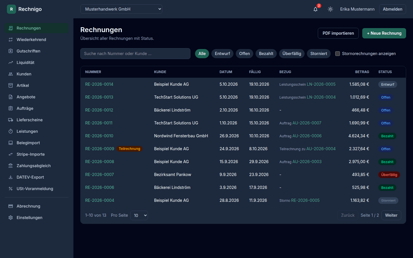 Rechnigo Dashboard – Übersicht aller Rechnungen mit Status
