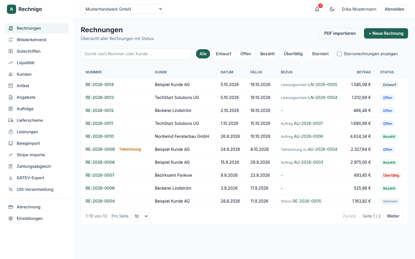 Rechnigo Dashboard – Übersicht aller Rechnungen mit Status
