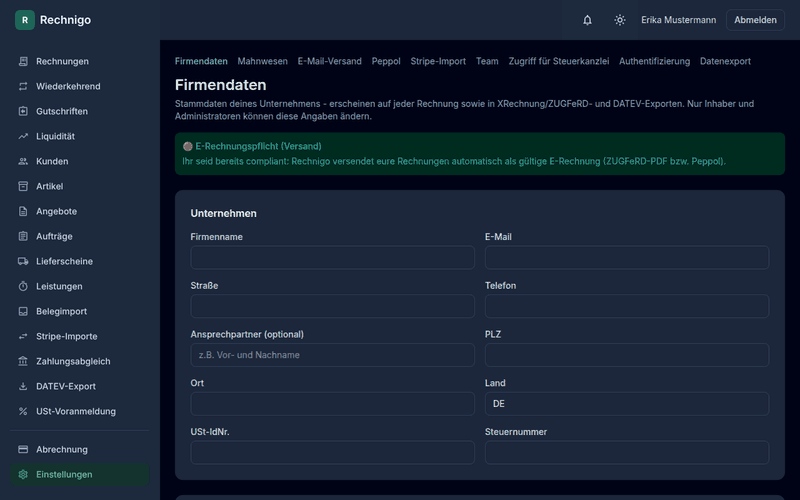 Video-Anleitung: Firmendaten hinterlegen, Kunde anlegen, Artikel per Plus-Button anlegen und erste Rechnung erstellen