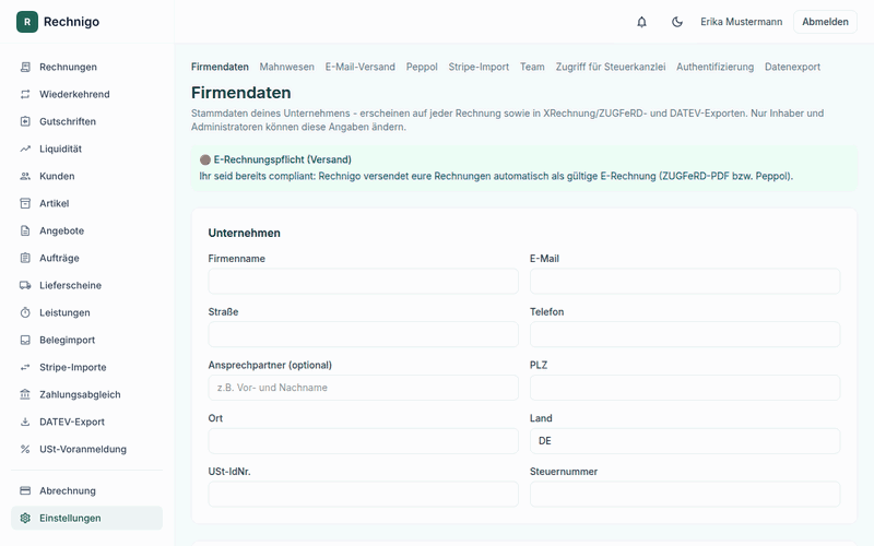 Video-Anleitung: Firmendaten hinterlegen, Kunde anlegen, Artikel per Plus-Button anlegen und erste Rechnung erstellen